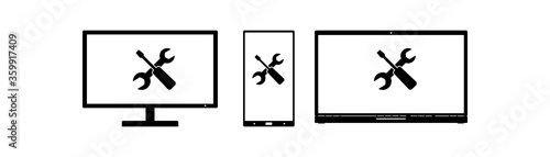 Icon set Laptop, phone, monitor, computer with screwdriver and wrench. The concept of electronics repair for services, companies, advertising. Isolated on a white background. Vector