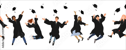 Seamless border with happy graduate students in graduation clothing jumping and throwing the mortarboard high into the air. Flat vector illustration pattern isolated on white