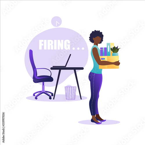 Vector illustration of firing employee. African american woman standing with offices box with things. Unemployment concept, crisis, jobless and employee job reduction. Job loss.