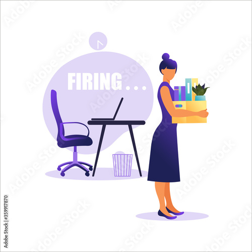 Vector illustration of firing employee. Woman standing with offices box with things. Unemployment concept, crisis, jobless and employee job reduction. Job loss.