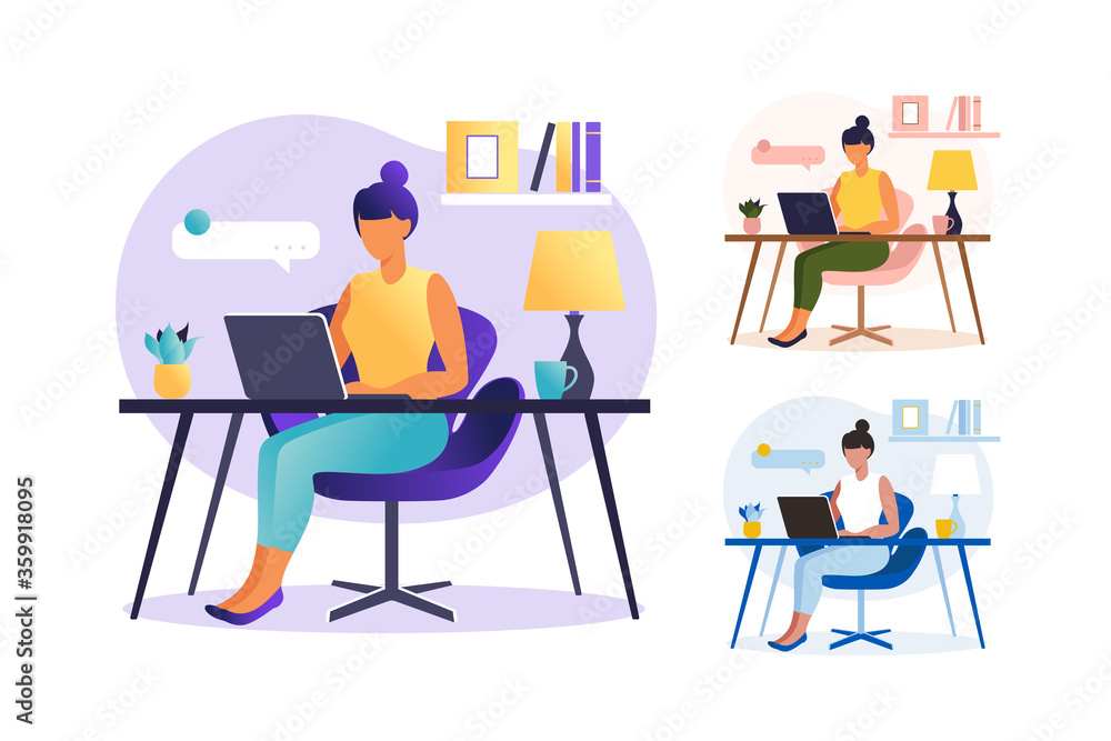 Woman sitting table with laptop. Working on a computer. Freelance, online education or social media concept. Freelance or studying concept. Flat style. Set vector illustration isolated on white.