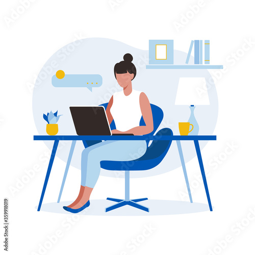 Woman sitting table with laptop. Working on a computer. Freelance, online education or social media concept. Freelance or studying concept. Flat style. Vector illustration isolated on white.