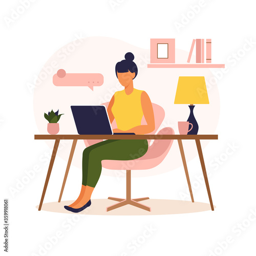Woman sitting table with laptop. Working on a computer. Freelance, online education or social media concept. Freelance or studying concept. Flat style. Vector illustration isolated on white.