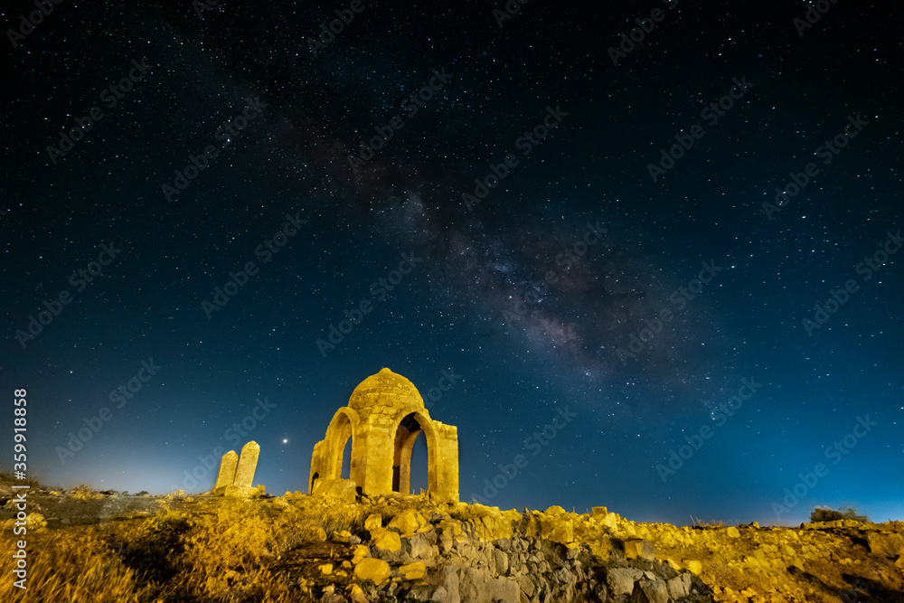 The ancient city of Dara. milky way galaxy and historical building. Mardin - turkey. touristic city