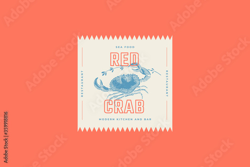 Crab logo template drawn with graphic lines on a light background. Retro sticker for the menu of fish restaurants, markets and shops. Vector illustration of vintage engraving.