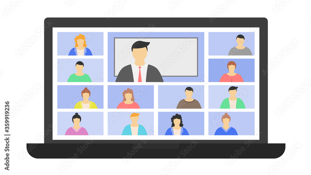 Lesson or meeting of online students. The concept of distance learning coronavirus quarantine program. Stay home with vector illustrations. Emergency school, college test or course. Lesson or meeting of online students. The concept of distance learning coronavirus quarantine program. Stay home with vector illustrations. Emergency school, college test or course.