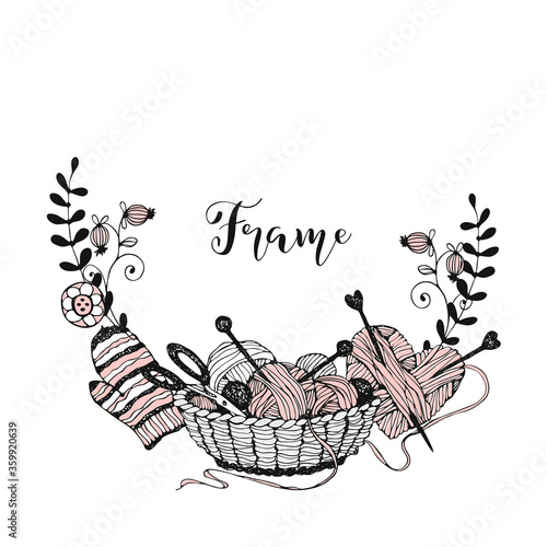 A wreath frame on the theme of knitting with a basket with yarn and mittens. Vector