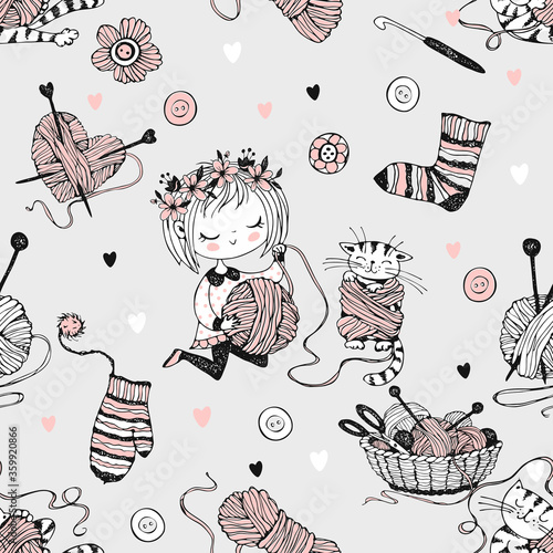 Seamless pattern on the theme of knitting with a cute knitter girl and her little cat playing with a skein of yarn.Vector