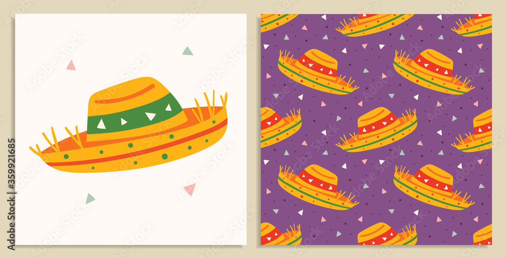 Little funny cute cartoon sombrero. Mexican national hat, clothes. Traditional wearing. Festival. Cartoon headwear. Fiesta. Party. Flat colourful vector seamless pattern, background. Card making.