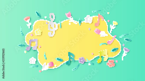 Spring background decorated with paper flower, leaves, music notes and blank space. Springtime frame design. paper cut and craft style. vector, illustration.
