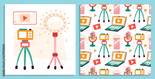 Blogging, vlogging set. Filming items. Laptop, camera, tripod, microphone, lightning, smartphone. Flat colourful vector seamless pattern, texture, background, backdrop isolated on background. Card. 