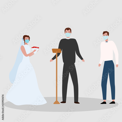  Cartoon masked bride, groom and priest at a wedding. flat vector illustration Romantic concept of a wedding during a pandemic. medical mask at the event. Wedding dress, flowers and chair.