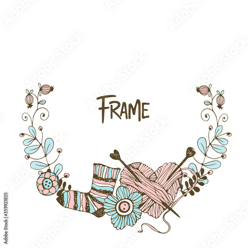 Frame wreath on the theme of knitting with skeins of yarn needles and wool socks. Vector