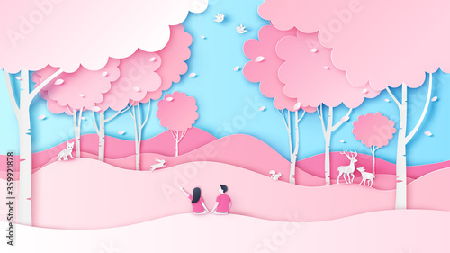 Honeymoon young couple are sitting and watching cherry blossom in Springtime. Nature scenery in spring. paper cut and craft style. vector, illustration.