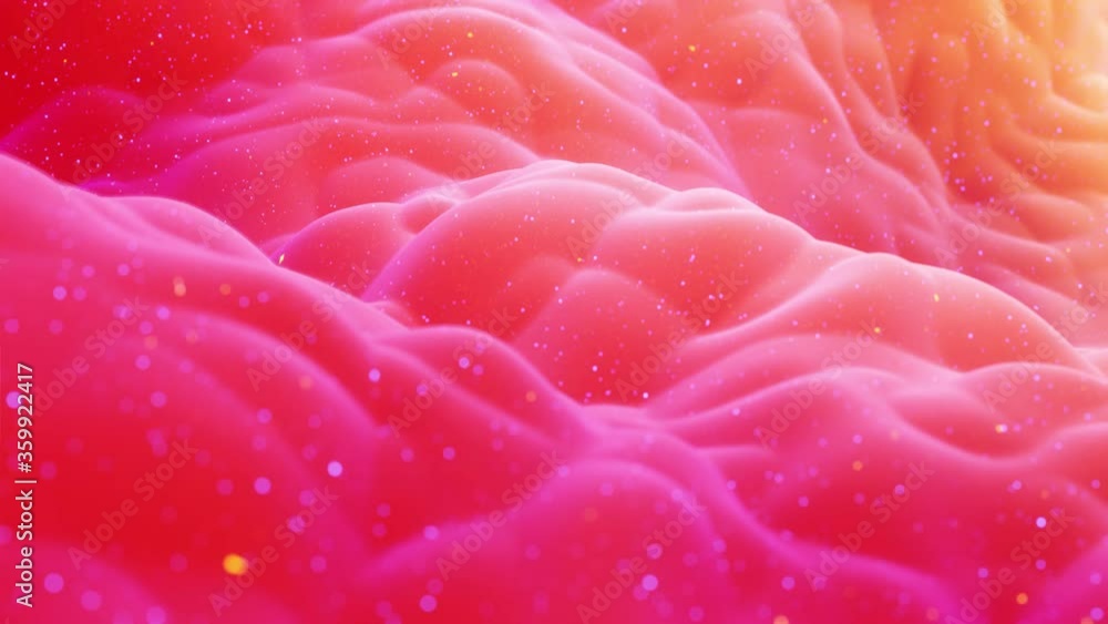 Beautiful abstract 3D surface with glitter sparkles, extruded or displaced waves transform in loop. Red yellow color gradient, soft matte material like morphing sweetness with light inner glow. Beautiful abstract 3D surface with glitter sparkles, extruded or displaced waves transform in loop. Red yellow color gradient, soft matte material like morphing sweetness with light inner glow.