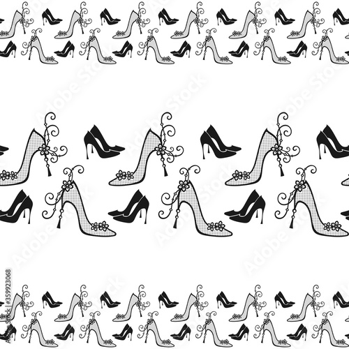 Seamless horizontal border of black and openwork black high heels shoes with flowers on a white. Vector design template for shoe store, shoe factory, printing on packaging, sales packages and textile