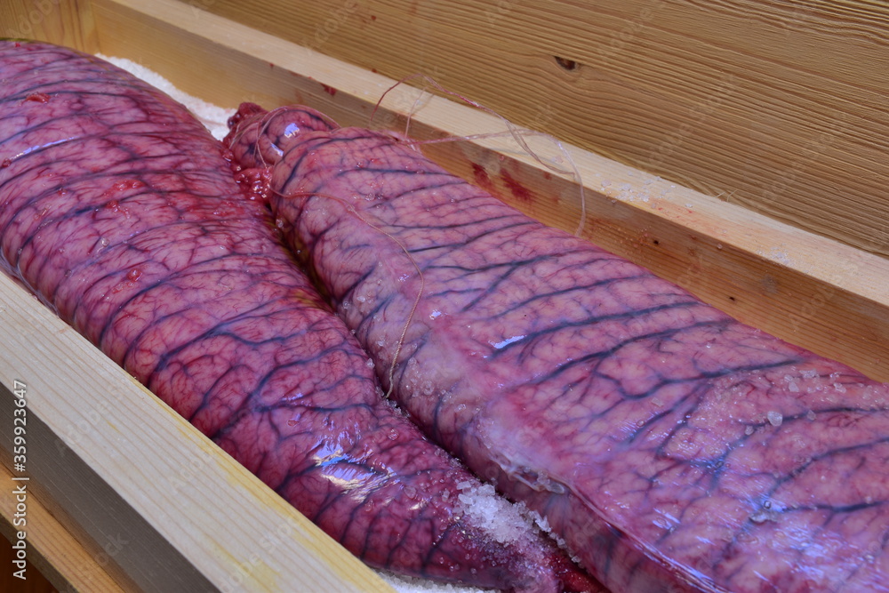uova di tonno rosso del mediterraneo in lavorazione per la produzione di bottarga. Sicilia