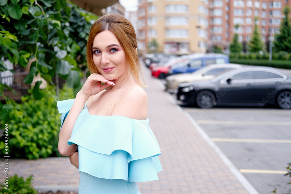 .Portrait of a young woman in beautiful dress, happy and smiling girl .Portrait of a young woman in beautiful dress, happy and smiling girl