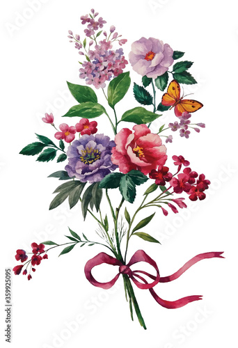 Bright watercolor trendy botanical print depicting a bouquet of beautiful flowers with a ribbon and bows and a butterfly on a white background.