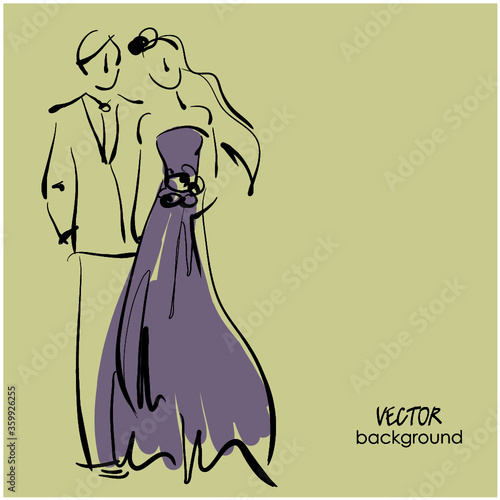 art sketched beautiful young bride and groom with the bride's bouquet. Vector background with space for text.