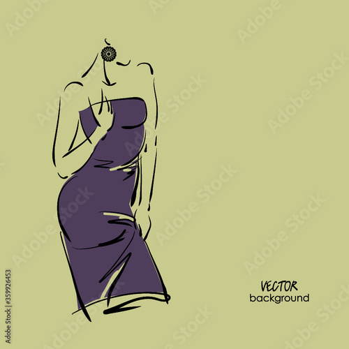 art  background with beautiful young woman  in cocktail dress, with bijou; sketch vector
