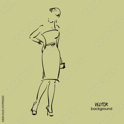 art  background with beautiful young woman  in party dress, with bijou; sketch vector