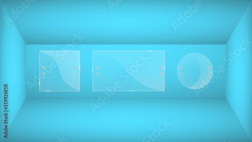 Glass plates are installed. Vector glass banners on a blue background. Glass. Glass paintings. Color frames.