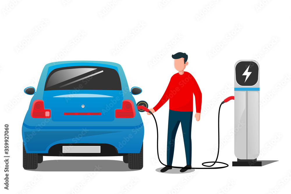 Blue electric car at the charging station with a young man holding the cable