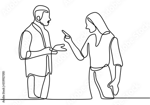 Continuous line drawing of couple in conflict. Couple fighting and pointing finger at each other. Man and women talking with angry gesture vector illustration isolated on white background.