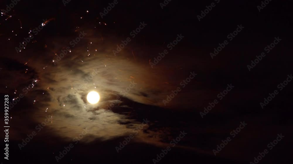 Panorama view of dramatic sky full moon Independence Day 4th of July Brightly colorful fireworks salute of various colors Panorama view of dramatic sky full moon Independence Day 4th of July Brightly colorful fireworks salute of various colors