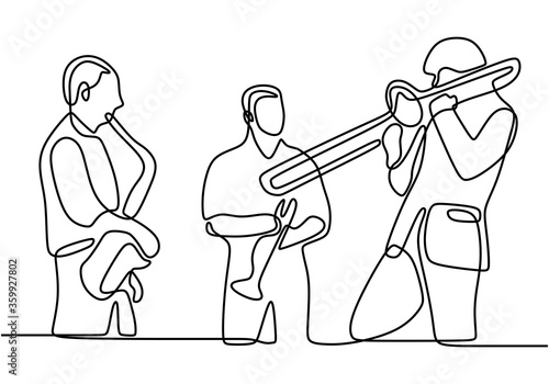 Continuous line drawing of music jazz. Three people jazz group performing jazz music concert. Vector illustration of people group band including singer, guitarist, and drummer. Minimalism design