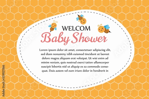 Invitation bee vector. Banner for children birthday congratulation on honeycomb background