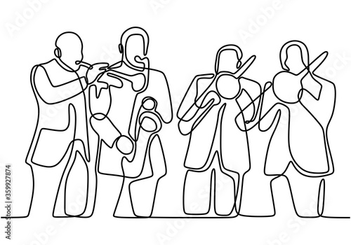 Continuous line drawing of music jazz. Four people jazz group performing jazz music concert. Vector illustration of people group band including singer, guitarist, and drummer. Minimalism design