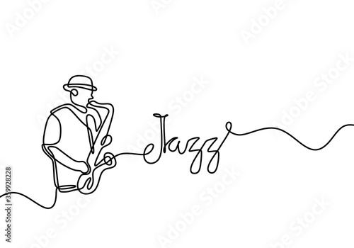 One line drawing of jazz trumpet player. Young man wearing hat and performing on the stage. Character male playing jazz music. Classical music instrument vector design illustration.