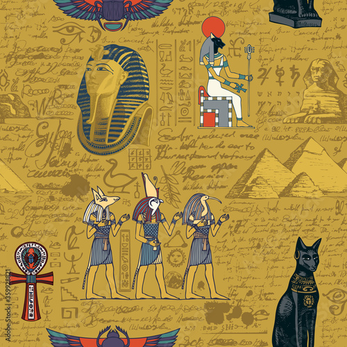 Seamless pattern on an Ancient Egypt theme with colored images of Egyptian gods and illegible scribbles in retro style. Vector abstract background. Suitable for Wallpaper, wrapping paper, fabric