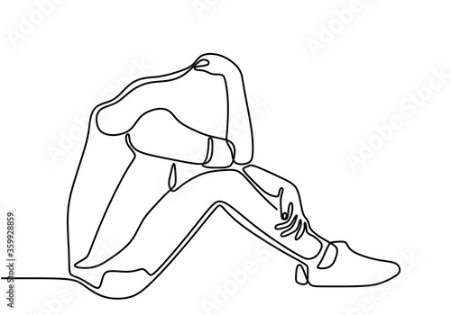 Continuous line drawing of young woman sitting on the floor headache. Sad teenager girl close up face and head with hands sitting alone. Woman stress expression minimalism design vector illustration