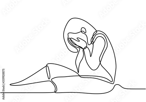 Continuous line drawing of woman sitting on the floor in despair. Sad girl hiding her face with hands. Stressed young lady and lonely expression isolated on white background. Vector illustration
