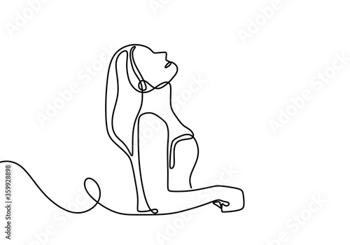 Continuous line art or one line drawing of a woman is relaxing expression picture vector illustration. Beautiful young girl with long hair faces up to get some fresh air isolated on white background