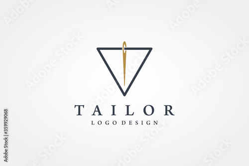 Tailor Logo. Gold Needle with Black Triangle Line Thread Combination isolated on White Background. Usable for Garment and Handmade Logos. Flat Vector Logo Design Template Element.
