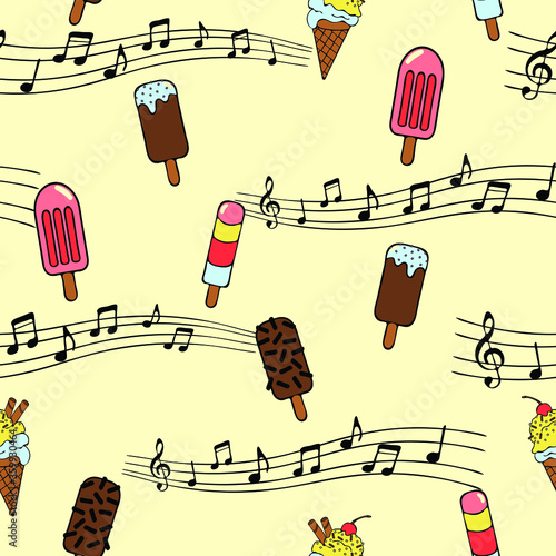 Seamless vector pattern with ice cream and music notes on light pink background. Cute sweet food wallpaper design for kids. 