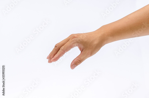 Close up of hand with hoding something, give something or put something into another handr . Isolated on white background, place for text or sign. Positive concept.