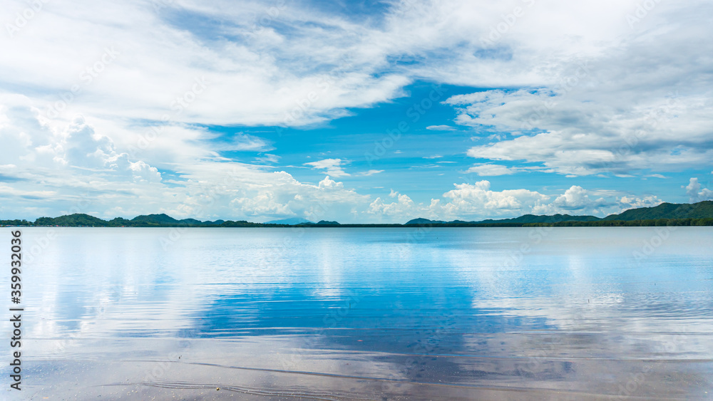 Beautiful seascape, Sea reflect the sky, perfect reflection, Composition of nature,  Chanthaburi, Thailand
