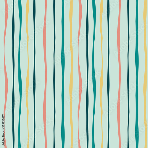 Hand drawn Abstract thin vertical wavy, curly lines with pastel yellow, emerald green, mint, pink colors. Tender nature palette strokes, print for fabric, apparell, textile, EPS10, editable