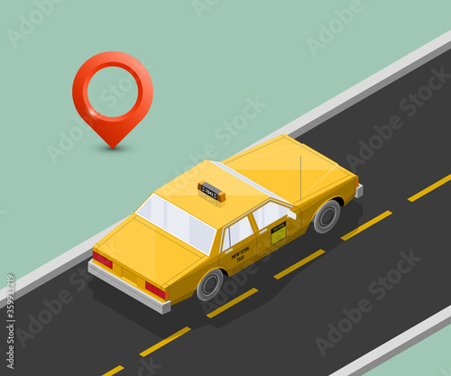 Yellow isometric taxi cab banner. Online navigation application order taxi service. Isometry car isometric route banner. 3D taxi classic vehicle itinerary road. Get a taxi online phone application