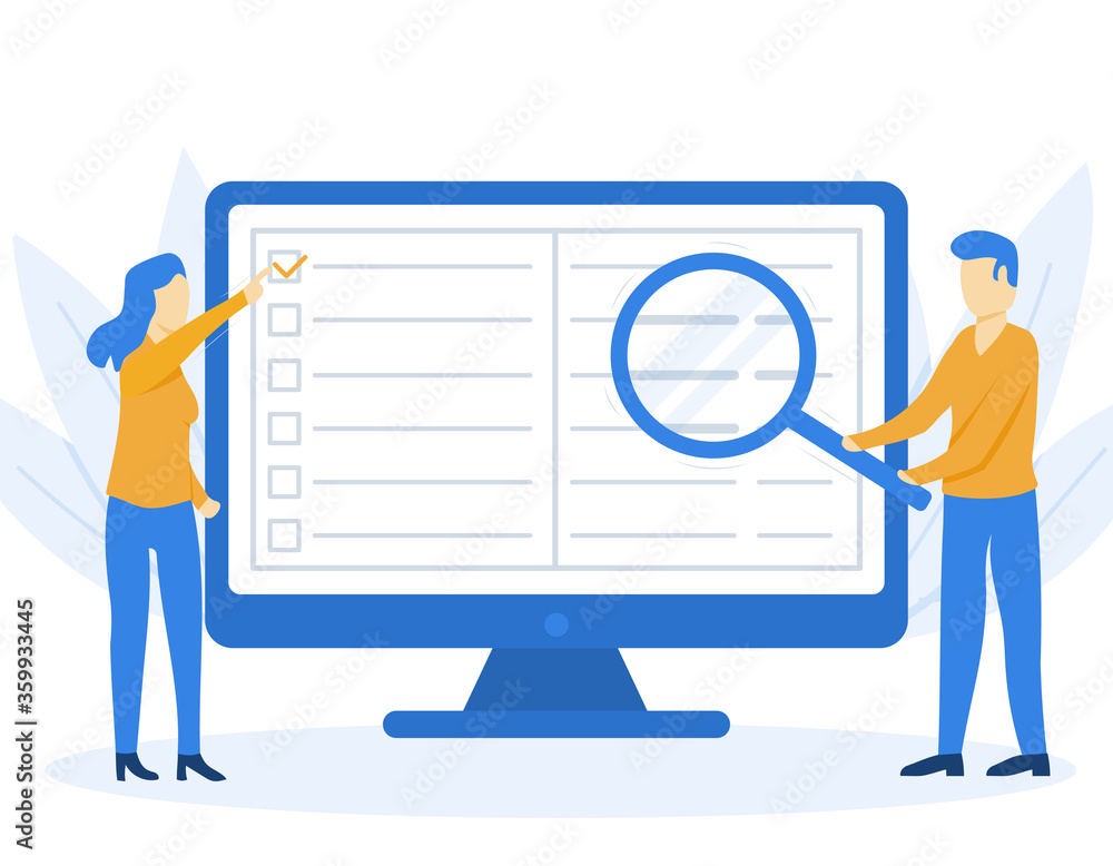 A man with a magnifier is looking for information on the monitor, a woman ticks off a check sheet on the monitor. Data analysis. Information search vector illustration. A man with a magnifier is looking for information on the monitor, a woman ticks off a check sheet on the monitor. Data analysis. Information search vector illustration.