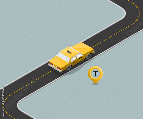 Yellow isometric taxi cab banner. Online navigation application order taxi service. Isometry car isometric route banner. 3D taxi classic vehicle itinerary road. Get a taxi online phone application