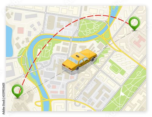 Yellow isometric taxi cab banner. Online navigation application order taxi service. Isometry car isometric route banner. 3D taxi classic vehicle itinerary road. Get a taxi online phone application