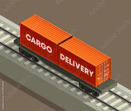 3D Isometric shipping cargo railway platform container 20 ft. Large metal 20 foot containers for transportation goods carrier. Delivery of cargo shipping. illustration