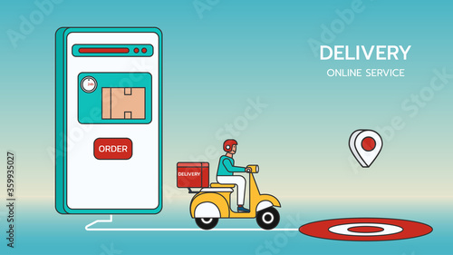 Delivery sevice by scooter. Online oder delivery on mobile application. Flat line design.