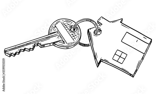 Vector cartoon drawing conceptual illustration of home key with family house keyring.Renting, buying or owning house or apartment.